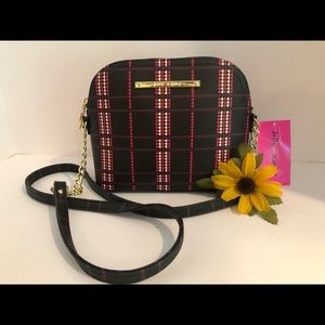 Betsey Johnson Crossbody Black Red Hearts Purse Valentine’s gift floral interior